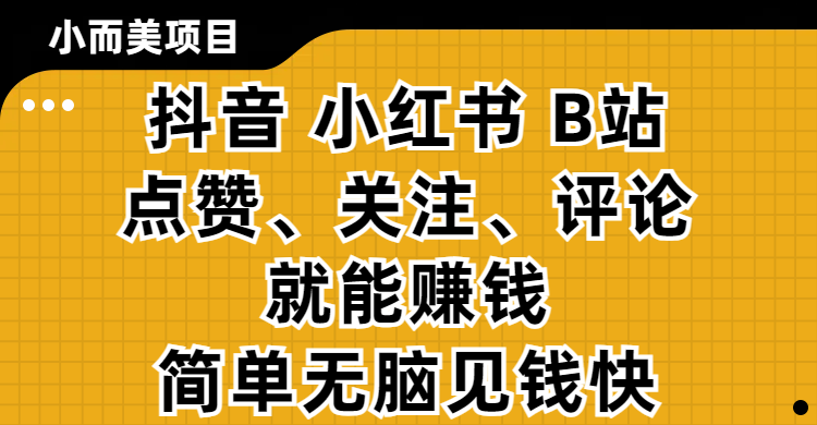 小而美的項目，抖音、小紅書、B站視頻點贊、關注、評論就能賺錢，簡單無腦立見收益！妥妥的零擼項目